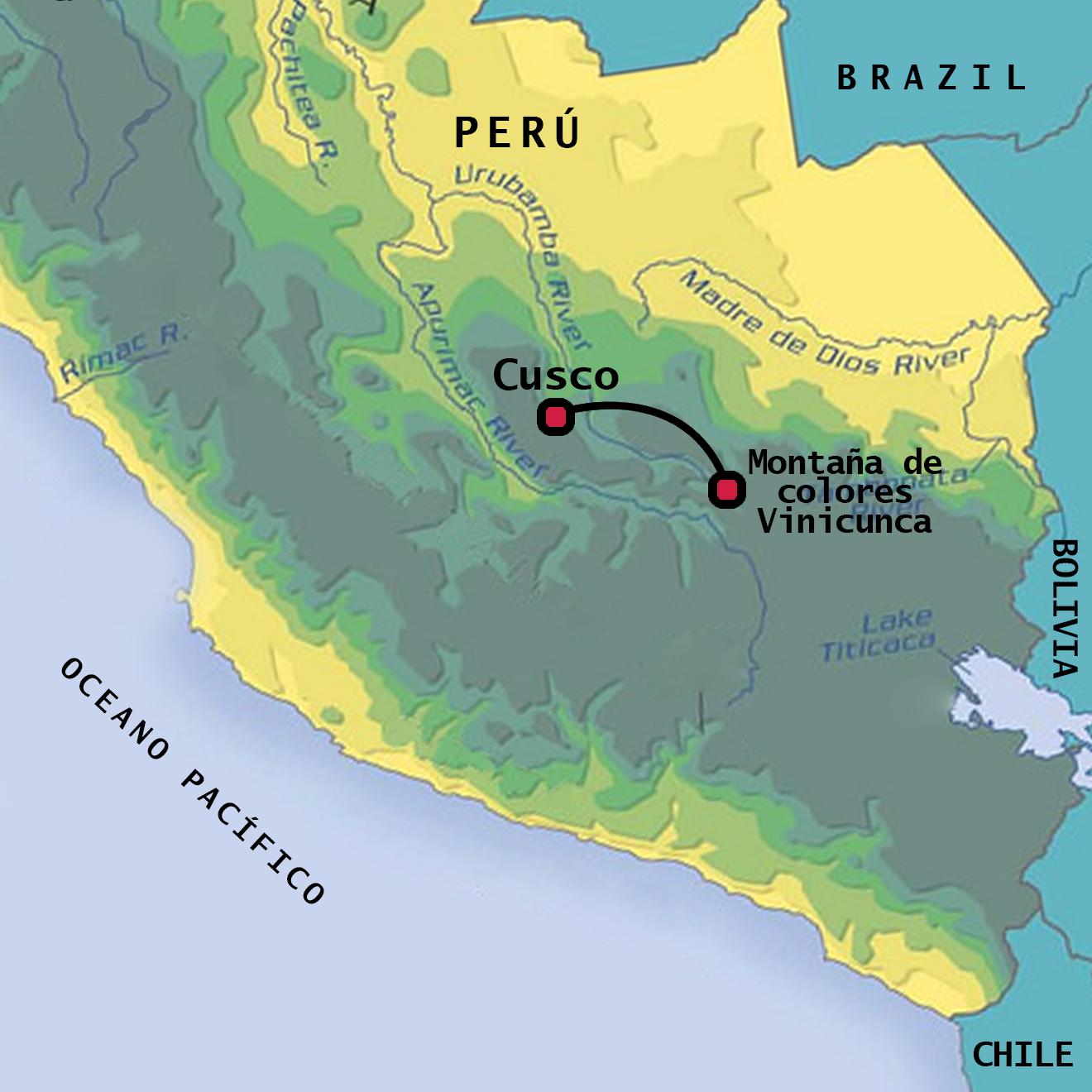 Rainbow mountain Peru map - Vinicunca Peru map (South America - Americas)